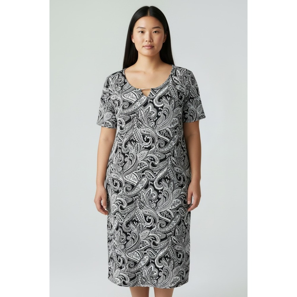 Kim Rogers Womens Black White Paisley Short Sleeve Sheath Dress Large L